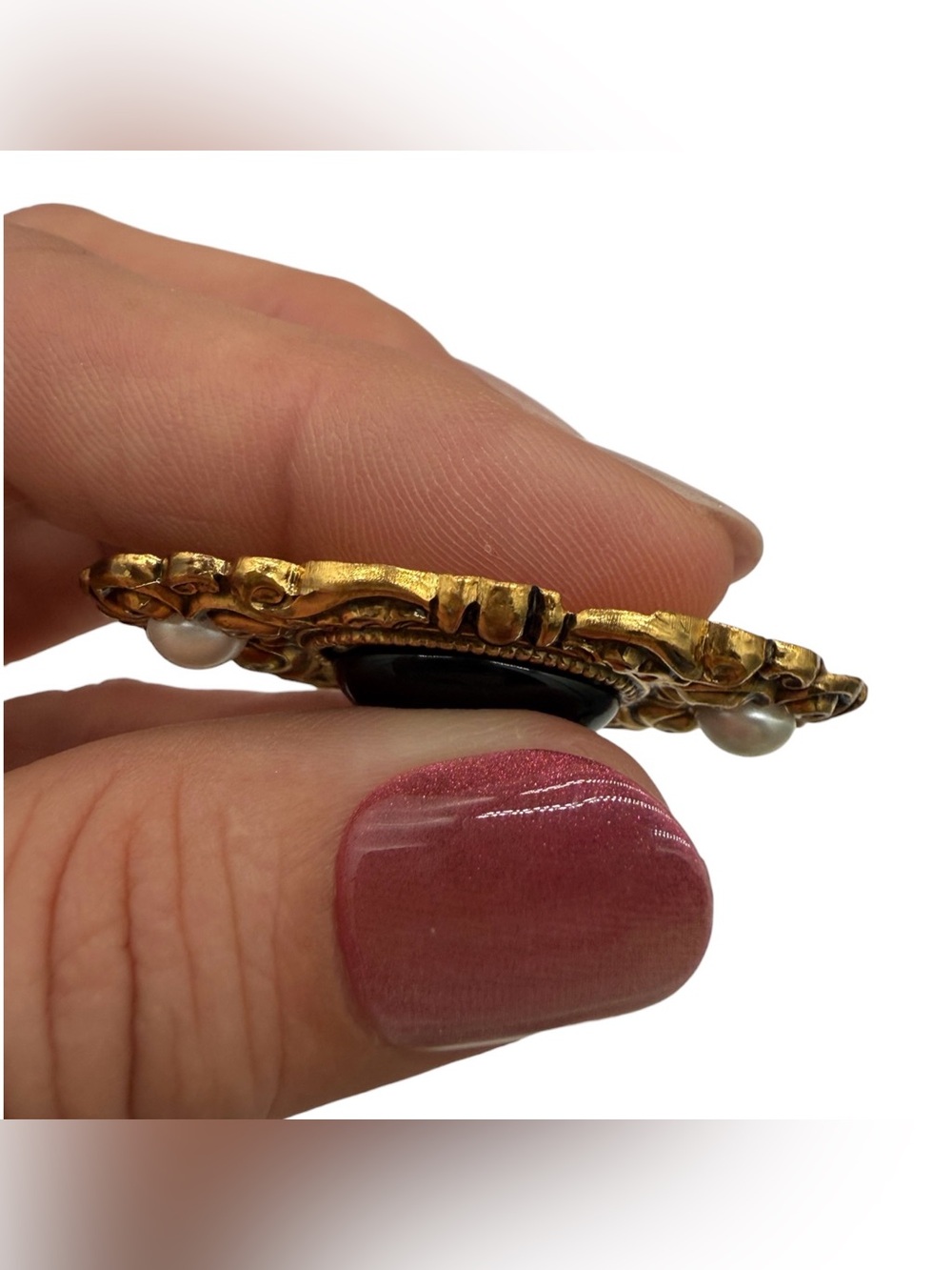 Vintage Gold-Tone Brooch by Vintage with Black Cabochon and Pearl Accents - Picture 5 of 6